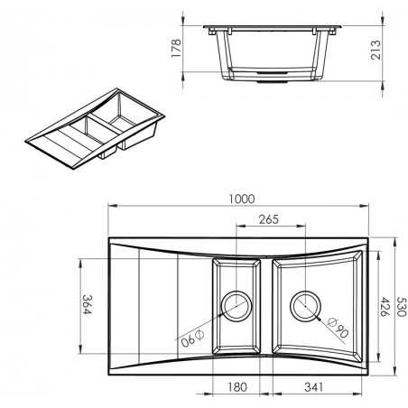 Évier 1,5 cuves 100 x 53 cm+ égouttoir Wave granité noir