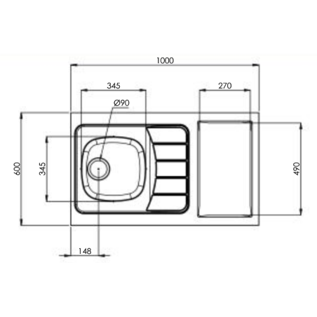 Dessus évier cuisinette largeur 100 cm sans domino avec vidage complet